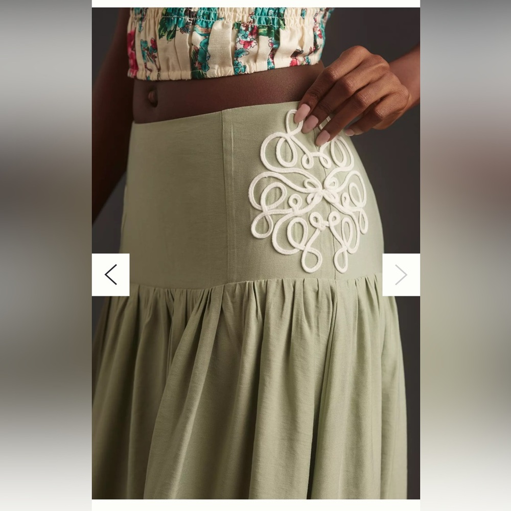 Anthropologie Green Skirt with White Embroidery